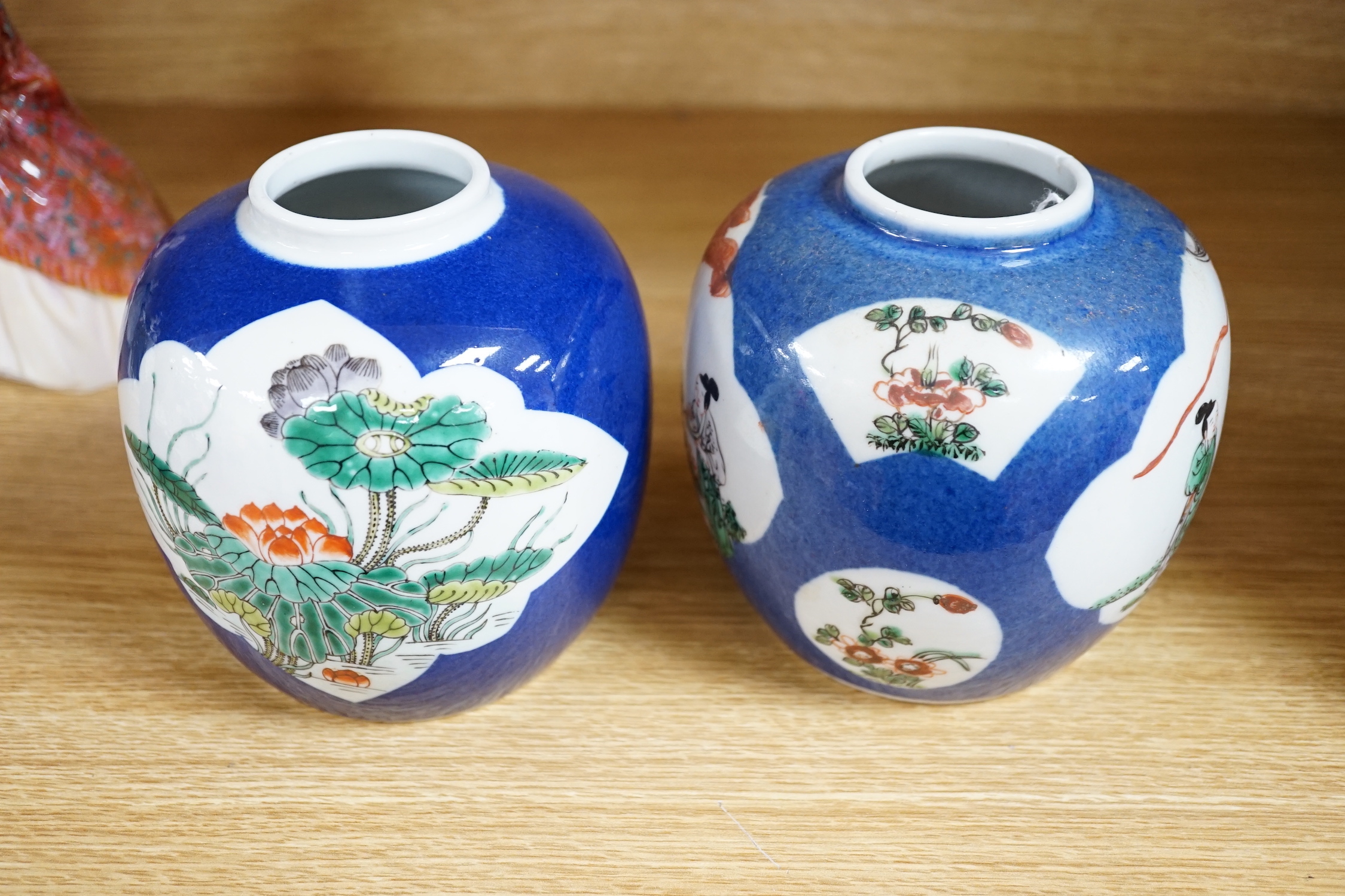 Two Chinese famille verte powder blue jars, early 20th century, 13cm high